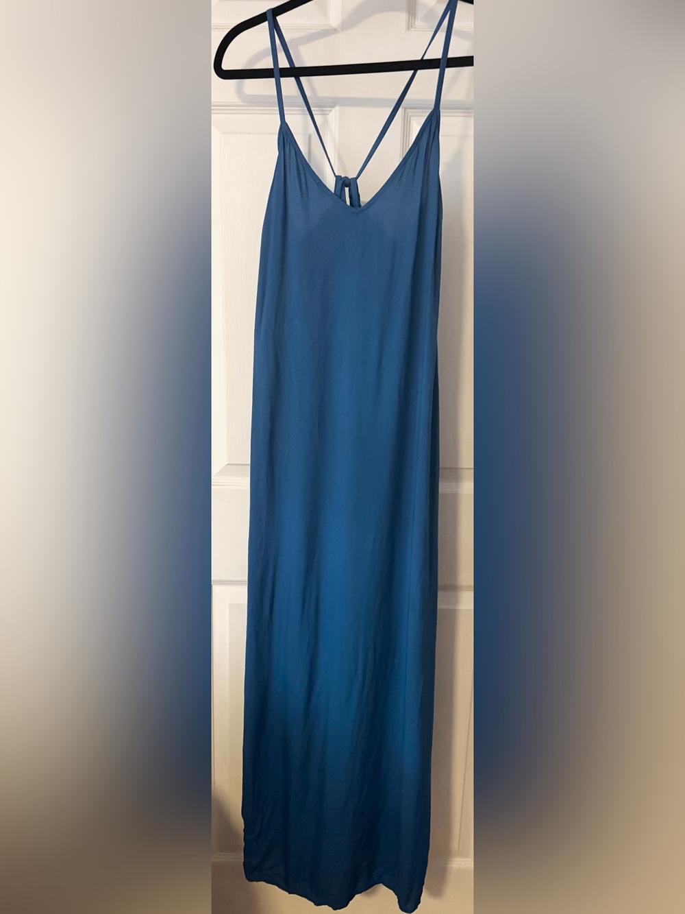 Old Navy Blue Tie Back Slip Dress Medium Tall Slit Maxi Midi Summer Coastal - Picture 2 of 4